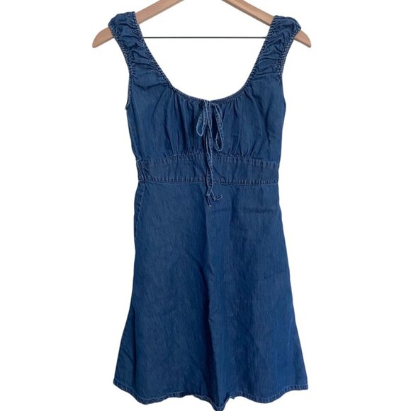 Blue Denim Tie Front Denim Ruffle Mini Dress Small - Picture 1 of 5